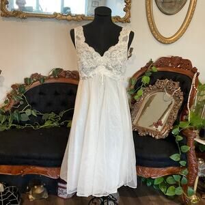 Vintage Van Raalte Floral Lace V-Neck Lingerie Nightie Slip Dress  Sz 34 White
